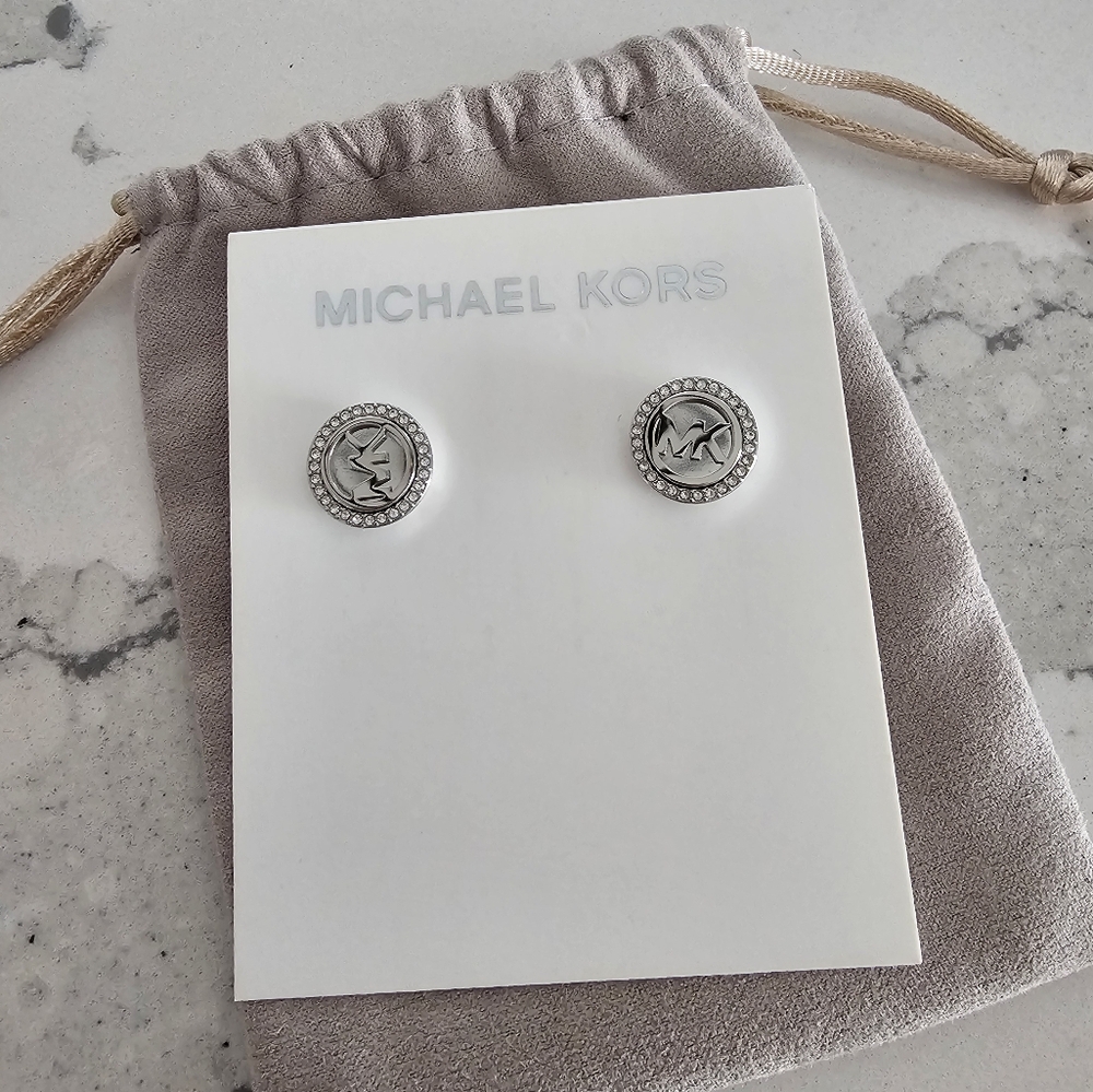 NWT Michael Kors Silver Tone Crystal Monogram Pave,Stud Round Earrings - Picture 4 of 4